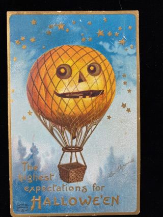 Vintage Antique 1900s Ellen Clapsaddle Halloween Postcard Hot Air Balloon Jol