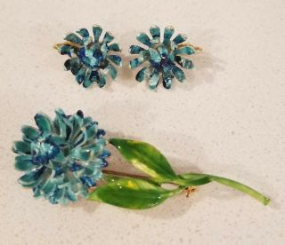 Vintage Enamel Flower Floral Brooch Pin Matching Earrings Blue