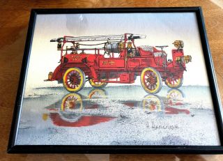 H.  Hargrove Serigraph Oil Painting Vintage Signed By Artist Red Fire Truck