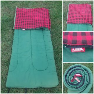 Vintage Coleman Sleeping Bag Green W/ Red Checker Inside Camping Lodge