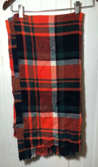 Vintage Blanket Throw Plaid Picnic 50 " X50 " Red Orange Green Wht Usa Wool Blend