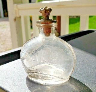 Antique Catholic Holy Water Bottle Cross Embossed Glass With Ornate Lid