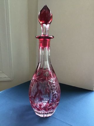 Vintage Czech/bohemian Pink Cranberry Cut To Clear Grape,  Leaf,  Hobstar Decanter