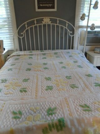 Vintage Chenille Bedspread Full Size Yellow/green Flower Design