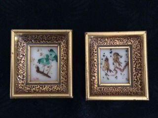 Vintage Pair Miniature Verilyn Gallery Hand Painted Framed Bird Pictures Spain