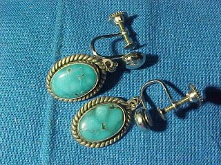 Vintage Navajo Silver Hand Crafted Turquoise Earrings Signed Jp Screw Back