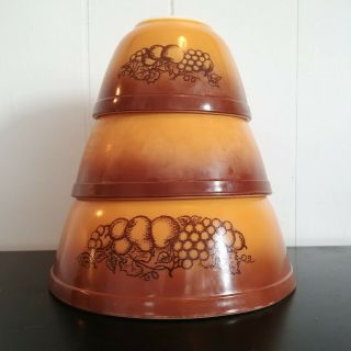 Vintage Pyrex Nesting Mixing Bowl Set Of 3 Old Orchard Brown Fruit 401 402 403