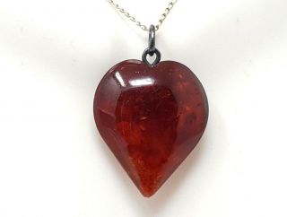Vintage Natural Baltic Cherry Amber Heart Pendant 1/20 12k Gf Chain Necklace