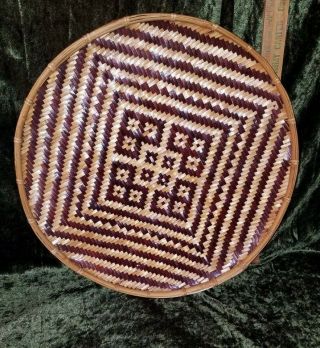 Vintage Large 22 " Winnowing Basket Woven Polychrome Round Tobacco Rice Tray Boho