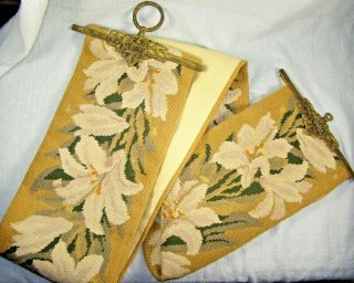 Vintage Needlepoint Lily Flower Butler / Bell Pull - Brass Hardware