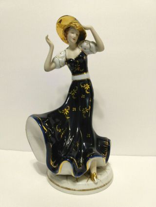 Hinode Japan Porcelain Moriyama Figure Elegant Woman In Navy With Hat Vintage