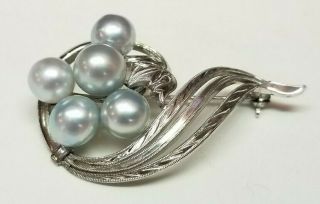 Vintage Mikimoto Japan Sterling Silver Blue Cultured Pearls Brooch