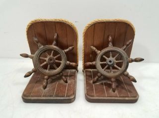 Vintage Wood Ships Wheel Book Ends
