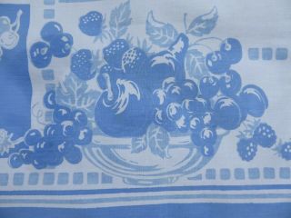 Vintage Blue & White Cotton Tablecloth Strawberries Cherries Berry Fruit Basket