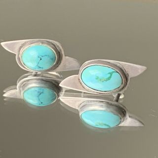 Vintage Sterling Silver And Turquoise Screw Back Earrings,  1940s Southwest Style