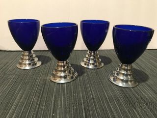 Vintage Chase Art Deco Cobalt Blue Moon Chrome Cocktail Glasses Set Of Four
