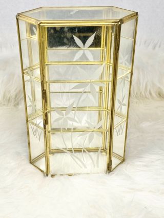 Vintage Brass Glass Curio Display Case Cabinet 3 Tier Flower Etched 9.  5 " Tall