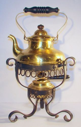 Antique 1892 Ss & Co Brass Tea Kettle Coffee Warmer.  Wrought Iron Holder
