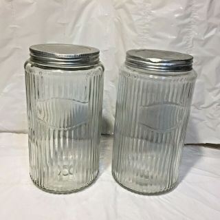 Vtg Antique Hoosier Cabinet Coffee Tea Jar Clear Ribbed Glass Canister W Lid