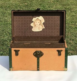 Vintage Wood And Metal Doll Chest Trunk With Shelf
