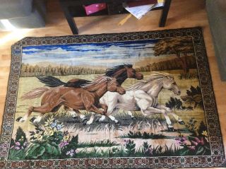 Vintage Horses Stallions Wall Hanging Tapestry Made In Lebanon 73 X 49