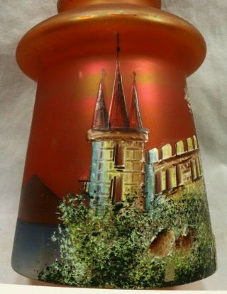 Antique Hand Painted Czech Blown Marigold Carnival Glass Lampshade Castle Scene