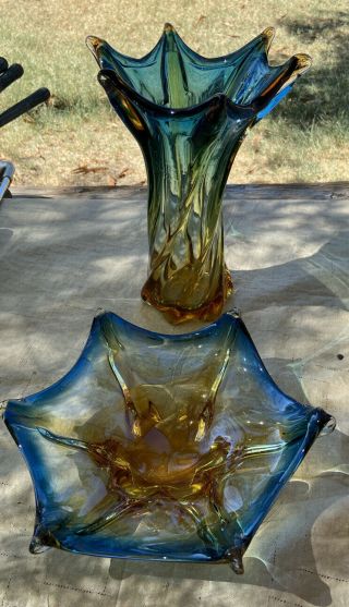 Vintage Mid Century Modern Art Glass Vase & Candy Dish Blue/yellow