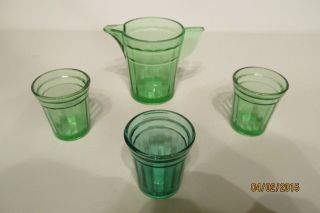 Vintage Set Of Akro Agate Green Uranium Glass Childrens Pitcher & Three Tumblers