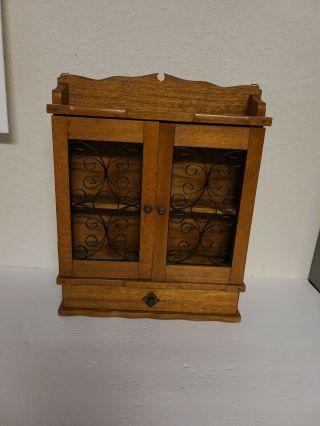 Vintage Wood & Metal Curio Display Cabinet With Drawer Wall Hanging 11 " X 15 "