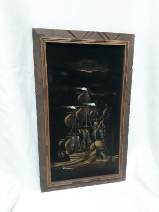 Mid Century Vintage Black Velvet Ship Hand Painted Mexico Carved Wooden Frame