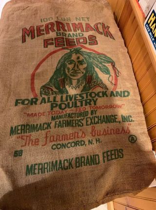 Antique Merrimack Nh Feeds 100 Lb Bag Sack Livestock Poultry Burlap Indian Ad
