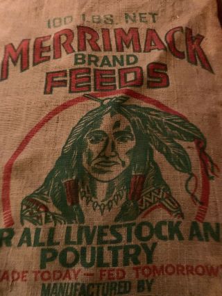 Antique Merrimack NH Feeds 100 LB Bag Sack Livestock Poultry Burlap Indian Ad 2