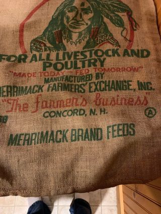 Antique Merrimack NH Feeds 100 LB Bag Sack Livestock Poultry Burlap Indian Ad 3