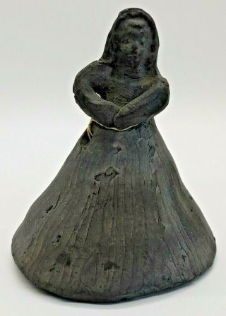 Vintage Angel Bell Oaxaca Black Clay Mexican Pottery Primitive Folk Art 4 "