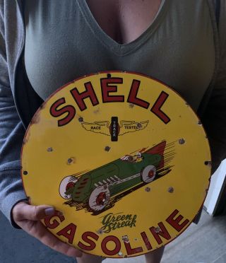 Old Vintage Shell Green Streak Gasoline Porcelain Advertising Sign Gas