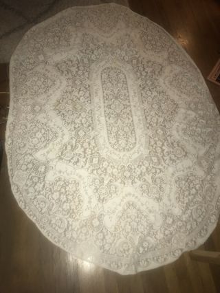 Antique Vintage Very Large Tablecloth Oval White Lace 72 " X 42” Round