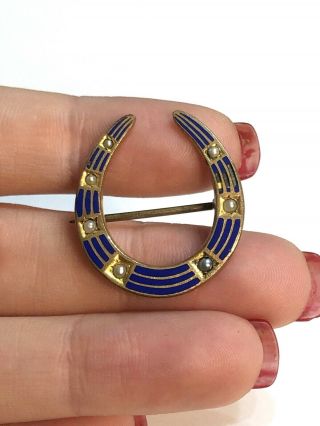 Antique Gold Tone Royal Blue Enamel Seed Pearl Horse Shoe Brooch Pin 1 " X.  75 "