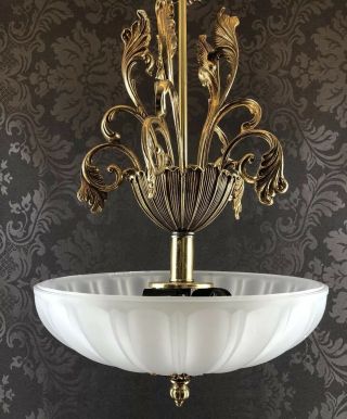 Opulent 18 " Solid Brass Frosted Glass Vintage Ornate Chandelier Light Lamp Mcm