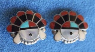Old Vintage Zuni Sun Kachina Inlay Turquoise Sterling Silver Clip On Earrings