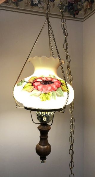 Vintage Hurricane Hanging Swag Lamp Hand Painted Glass Ruffle Globe