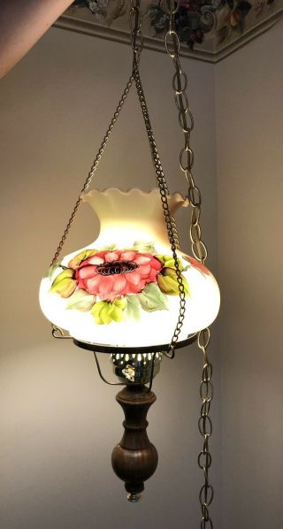 Vintage Hurricane Hanging Swag Lamp Hand Painted Glass Ruffle Globe 2