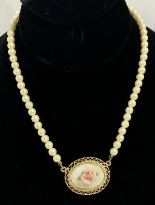 Vintage Art Deco Mother Of Pearl Pink Porcelain Flower Gold Tone Necklace