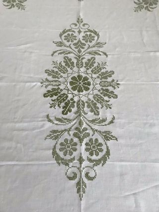 Vintage Linen Tablecloth W/ Hand Embroidered Cross Stitch & Shaped Edges