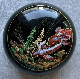 Japanese Oriental Asian Koi Fish Lacquered Black Round Trinket Jewelry Box Vtg