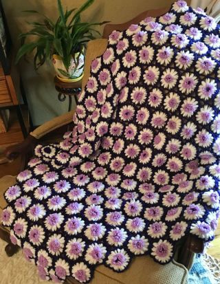 Vintage Wool Daisy Crochet Throw Blanket Handmade Blue Purple White 60 X 52