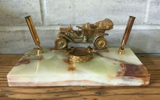 Vintage Solid Marble Desk Pen Holder Stand With Brass ? Antique Car