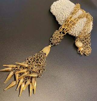 Vintage Gold Tone Multi Chain Unique Tassel Pendant Necklace Box Clasp 23”