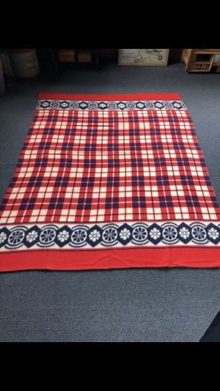 VTG 1930 - 40’ Beacon / Camp Blanket.  Plaid & Geometric Red,  White,  Blue 2