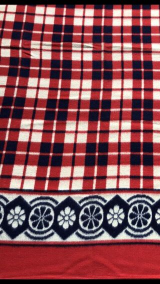 VTG 1930 - 40’ Beacon / Camp Blanket.  Plaid & Geometric Red,  White,  Blue 3