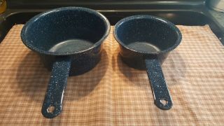 2 Vintage Blue & White Speckled Sauce Pans Enamelware Graniteware Camping